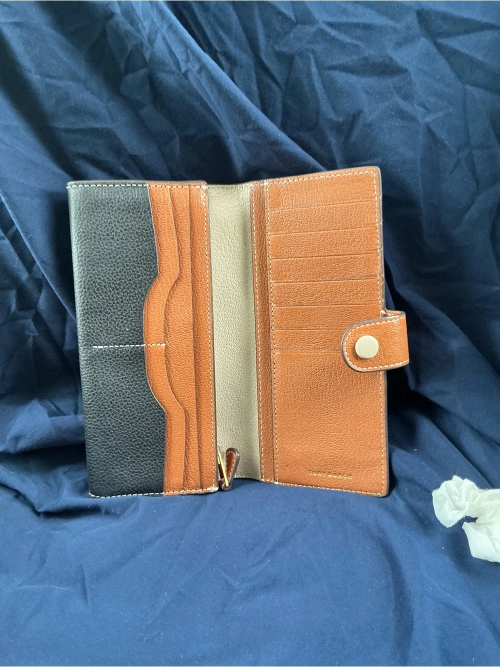 Tory Burch Black Leather Wallet with Tan Snap Tab